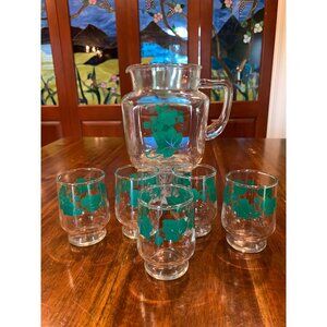 Vintage Federal Glass Ivy League Pitcher And Juice Glasses.